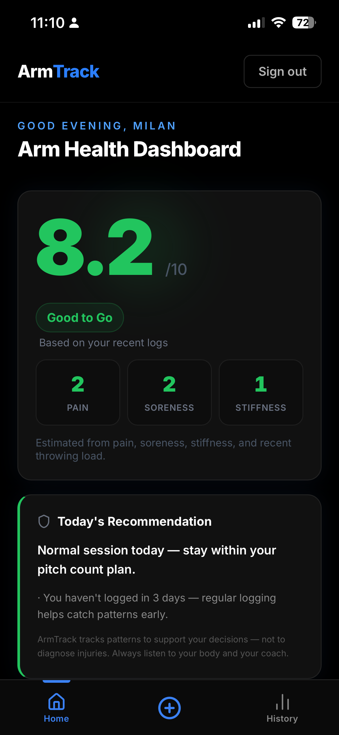 ArmTrack player dashboard
